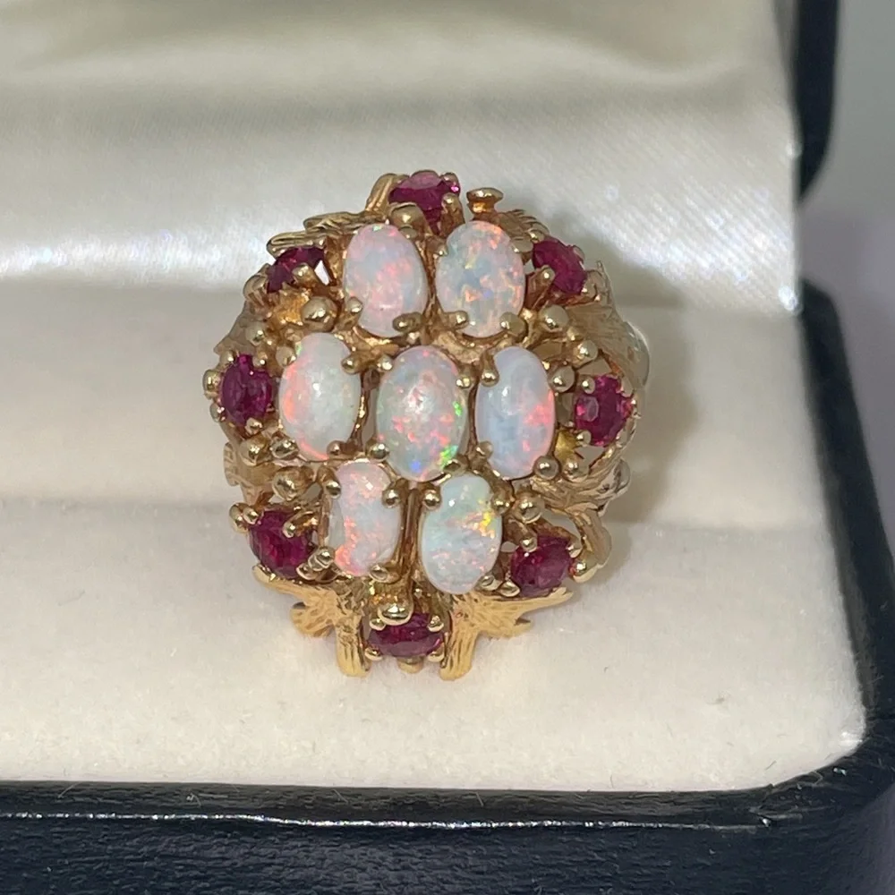 Solid Real 14K Yellow Gold Leaves Opal Ruby Bold Statement Ring Vintage Antique